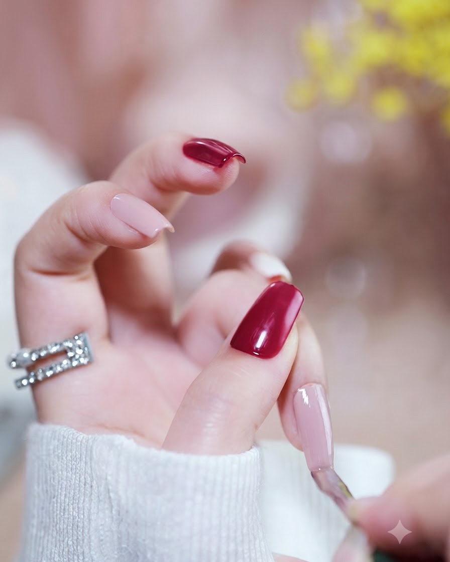 A hand with magenta polished nails resting under a glowing UV/LED lamp.