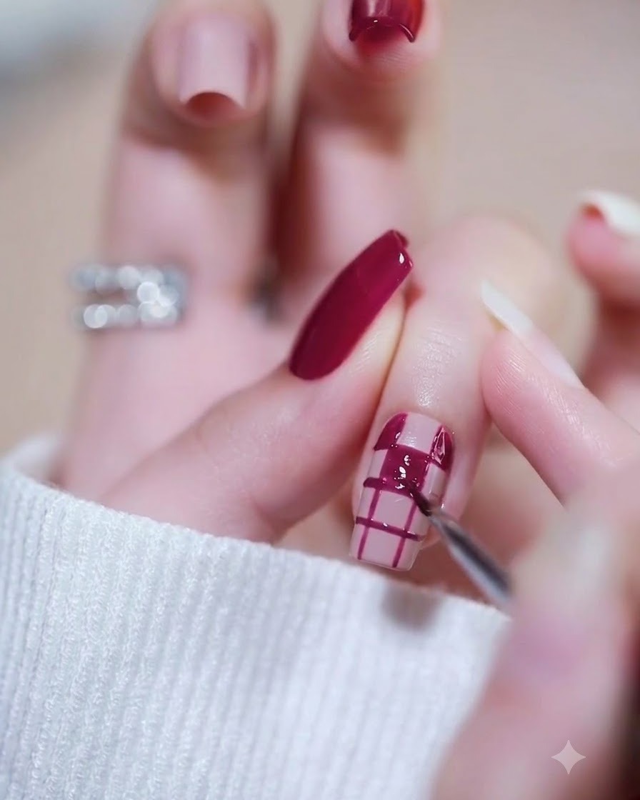 A hand placed under a nail lamp to cure the second layer of magenta gel polish.
