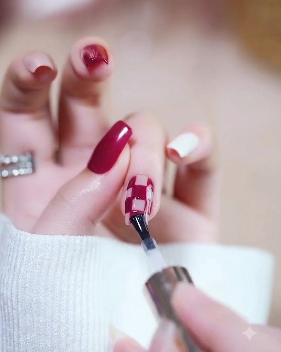 A close-up of a fine liner brush drawing clean black grid lines on a nail.
