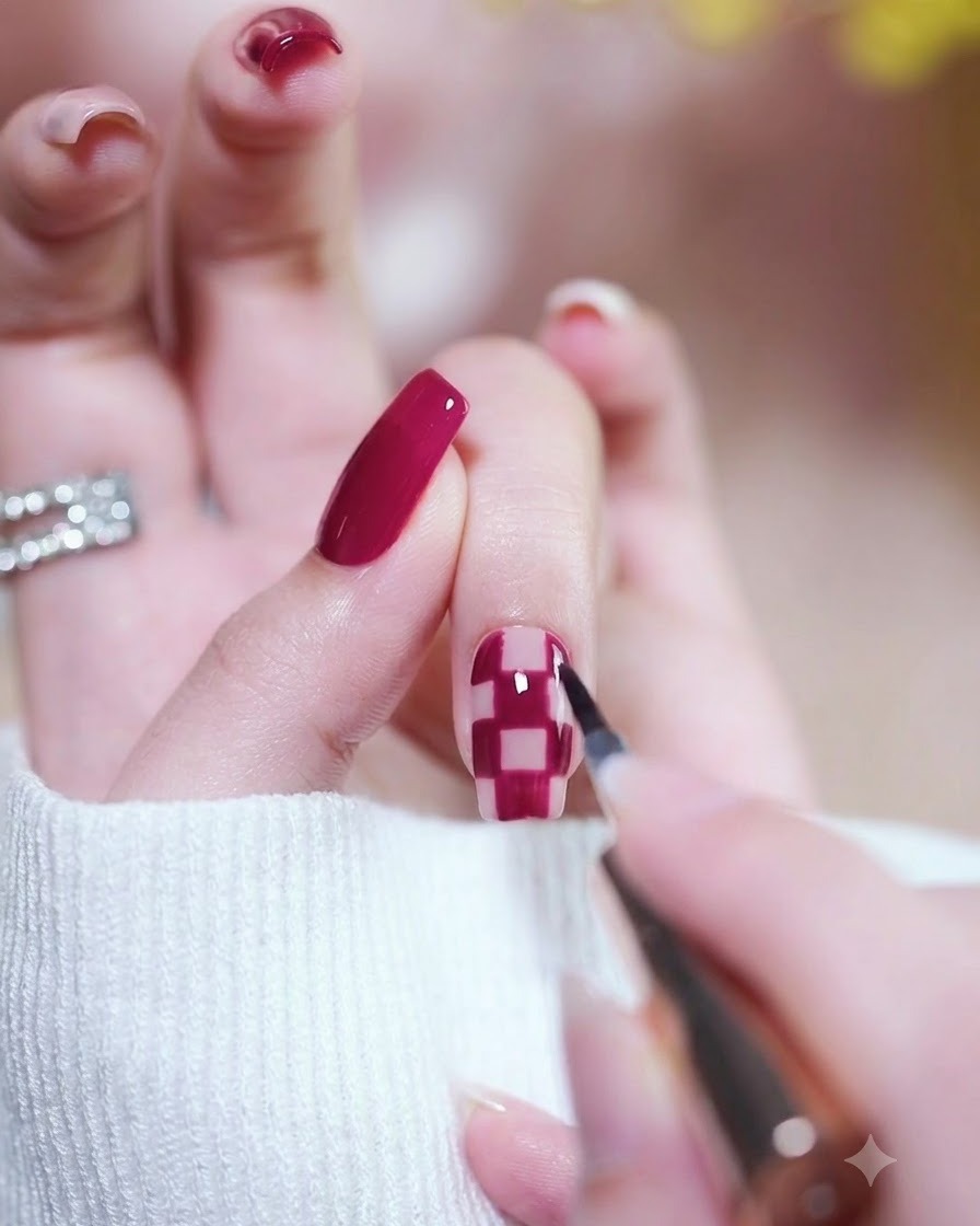 A brush applying a clear, glossy top coat over a finished magenta and checkerboard nail design.