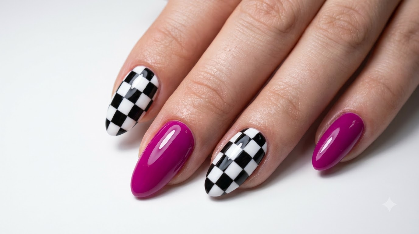 Magenta Brightening Checkerboard Gel Nails — Step-by-Step Tutorial