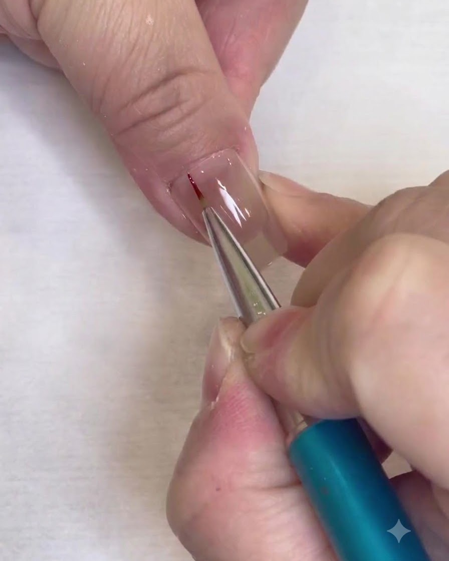 A fine liner brush drawing a thin red vertical line down the center of a clear artificial nail.