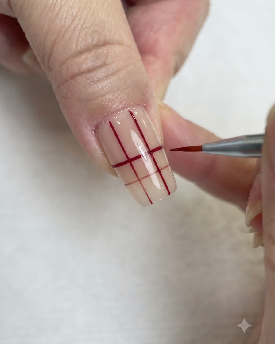 A fine liner brush drawing horizontal red lines intersecting with vertical red lines to create a grid on a clear nail.