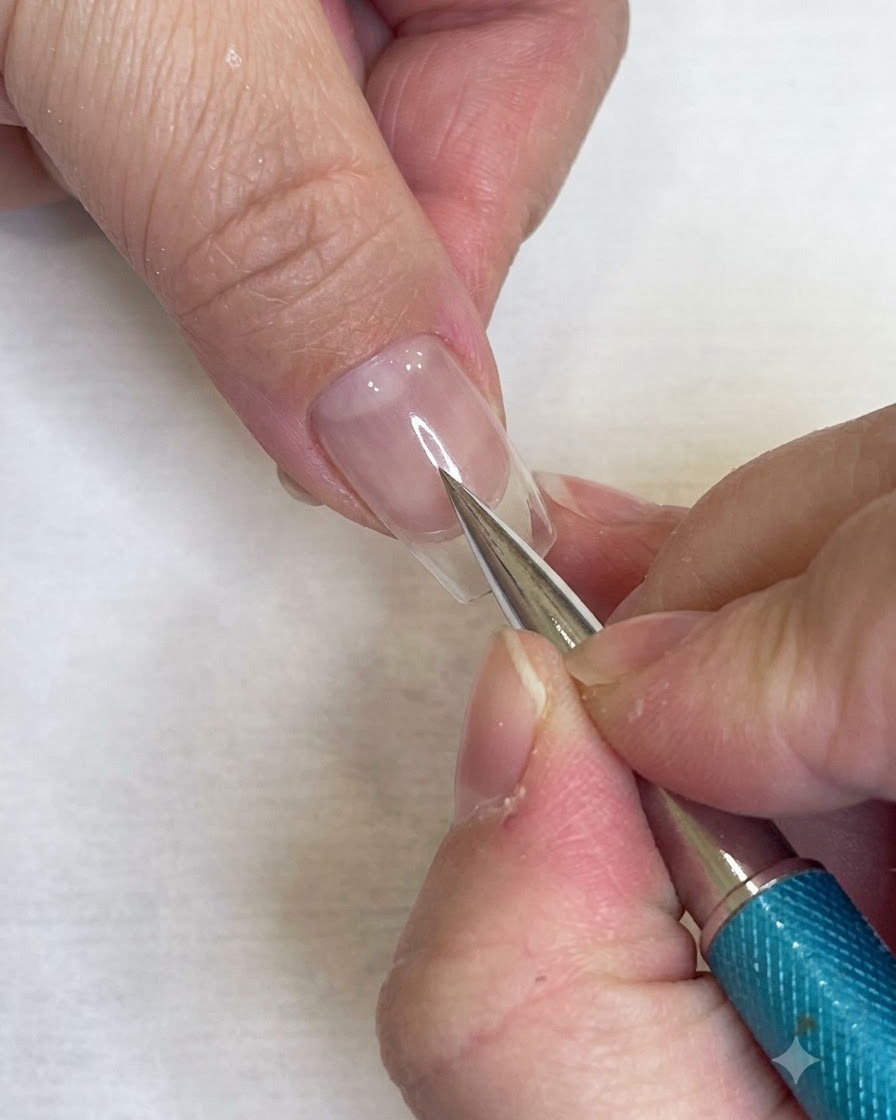 A fine liner brush finishing the filling of alternating squares to complete a red checkered pattern on a clear nail.