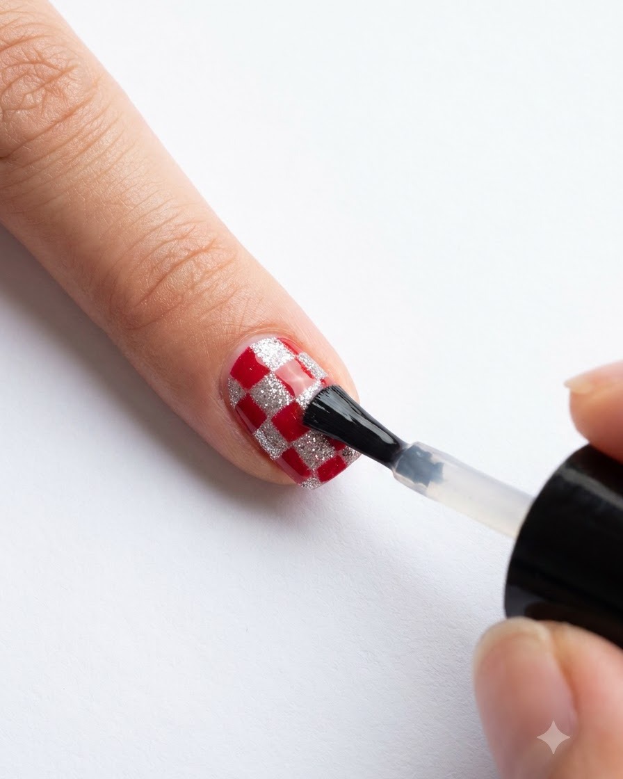 A nail polish brush gliding a transparent glossy top coat across a completed red and silver checkered nail design.