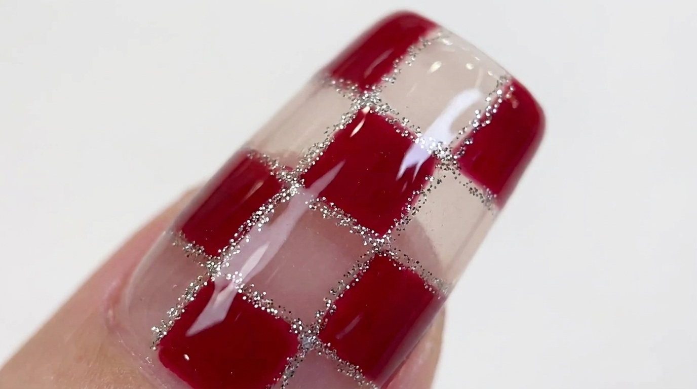 Red & Clear Checkered Grid Nail Art with Silver Glitter — Step-by-Step Tutorial