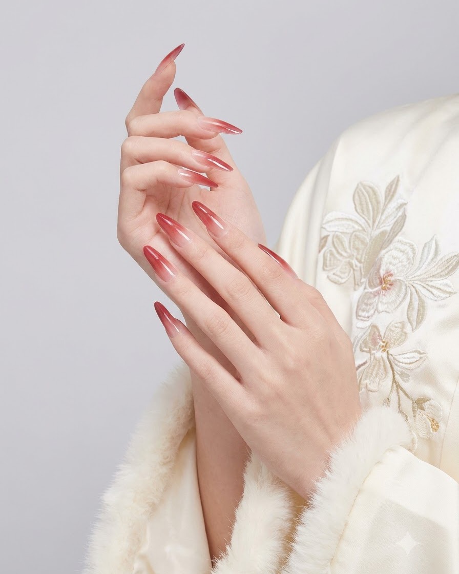Hands interlaced softly to showcase the high gloss and seamless blending of red gradient nails.