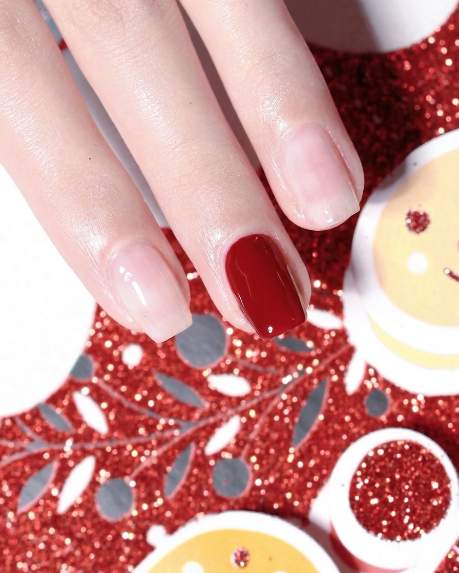 A close-up of fingernails showing a smooth first layer of fiery red gel polish applied on the middle finger.