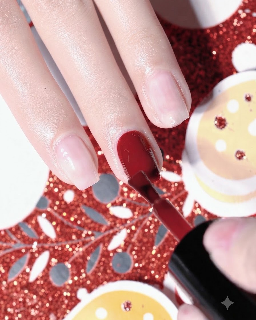 A brush applying a second layer of glossy fiery red gel polish onto the middle finger.