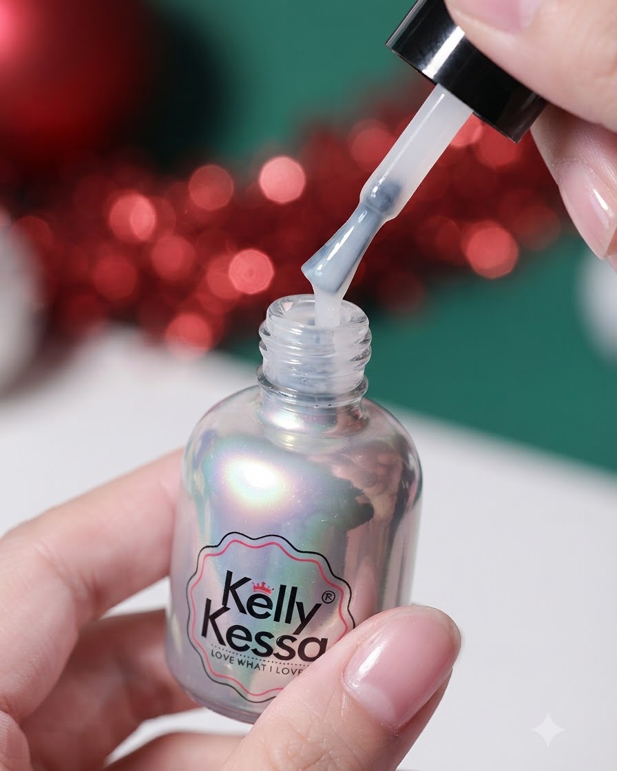 A hand holding a bottle of Kelly Kessa holographic polish with the brush lifted, showing gel dripping off.