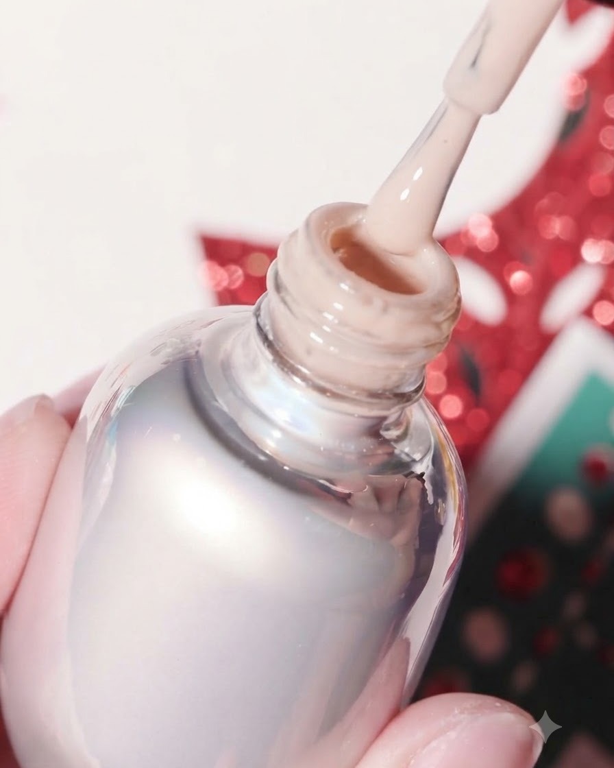 A brush lifting from a bottle of Kelly Kessa gel polish filled with a warm nude skin-toned shade.