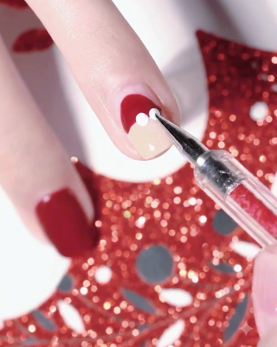 A close-up view of a dotting tool applying white gel dots to form the trim of a Santa hat on a nail.