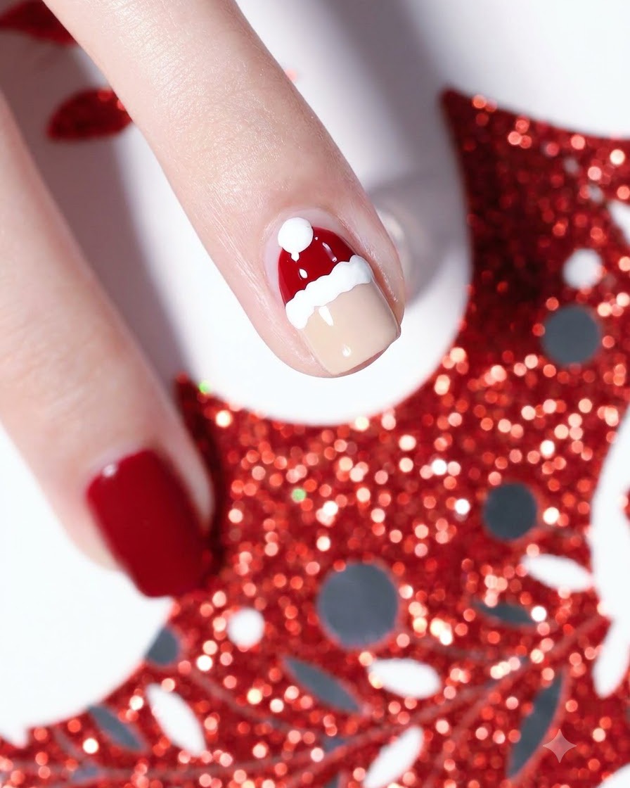 A close-up shot showing a cured Santa hat and newly drawn white beard details on a fingernail.
