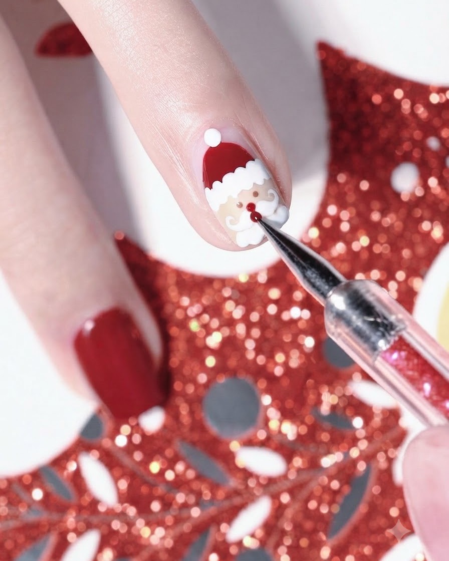 A close-up of a tool adding tiny red dots for Santas nose and facial features on the nail art.