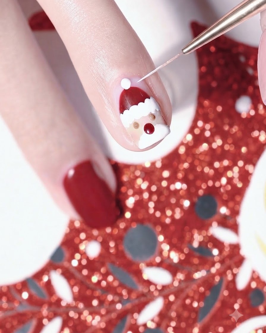 A fine liner brush applying small white dot highlights onto a detailed Santa nail art design.