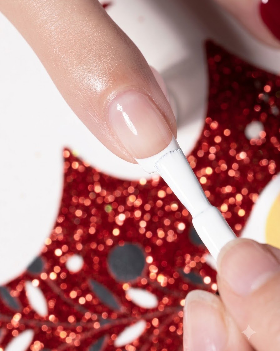 A brush applying white gel polish to form an irregular semi-nail shape on a fingernail.