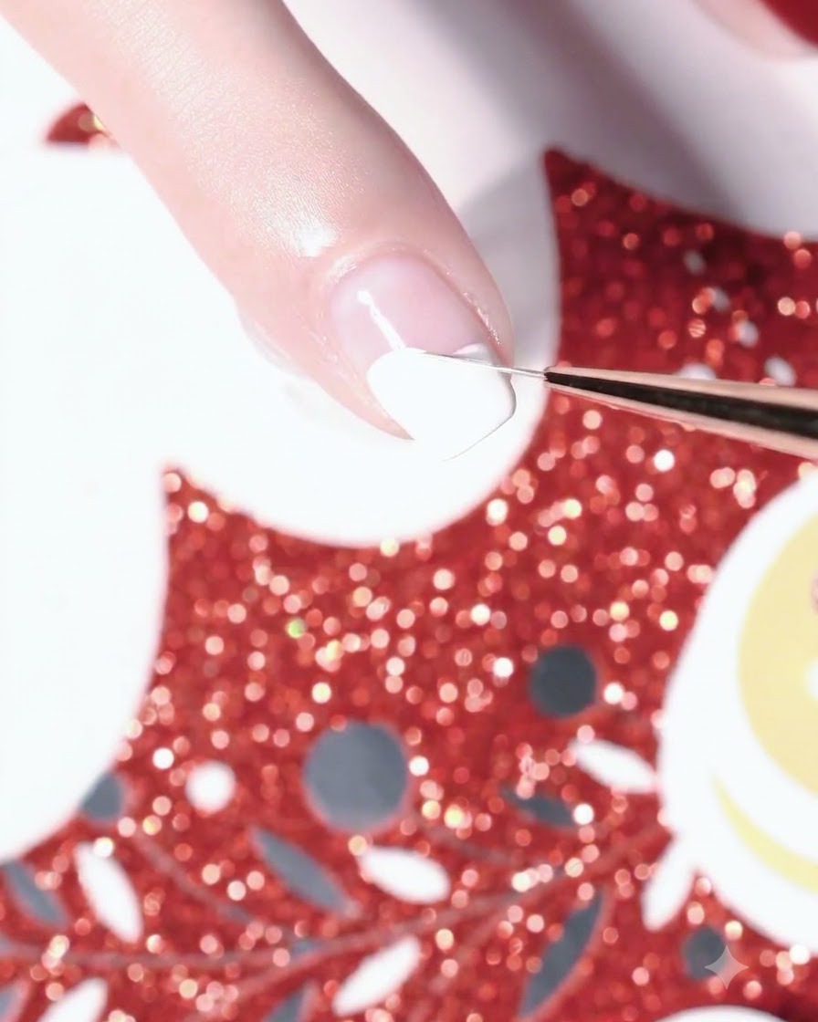 A fine liner brush painting red grid lines over a white nail base.
