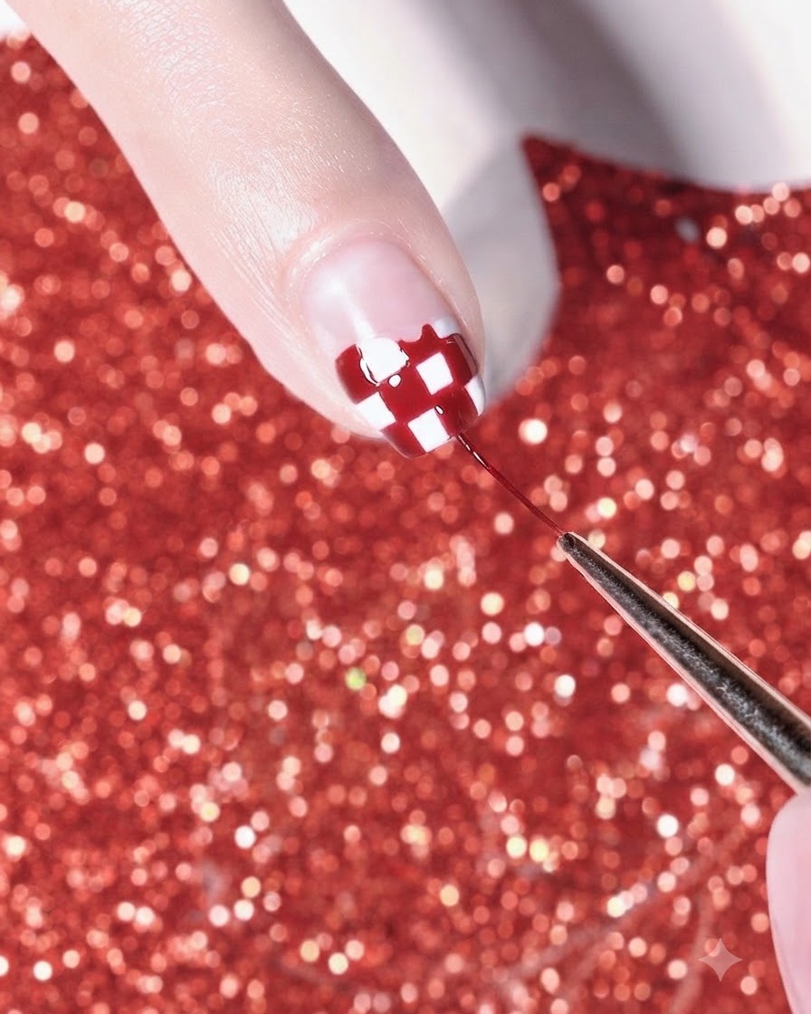 A fine brush adding detailed white lines to a red and white plaid nail design.