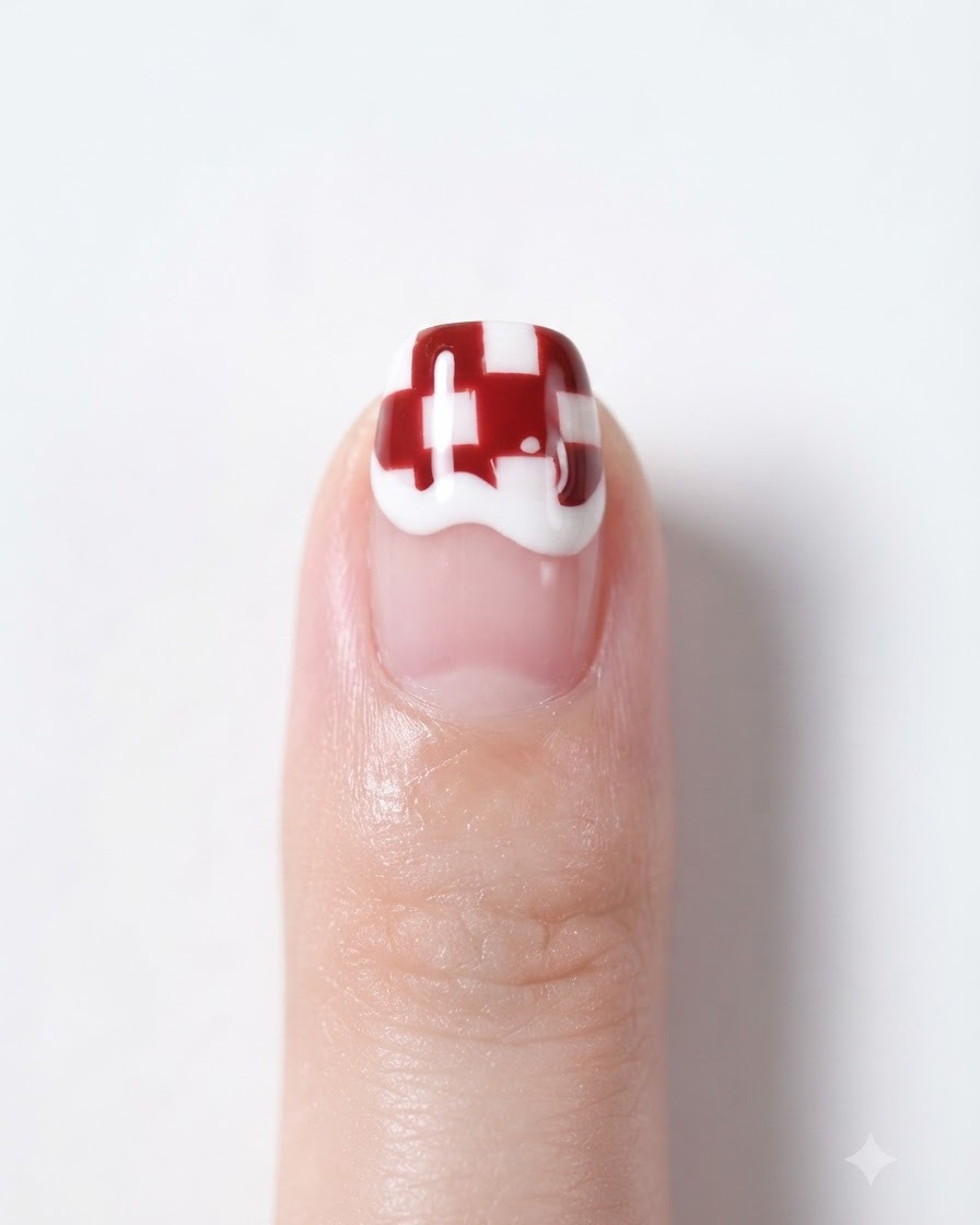 A close-up of a completed plaid nail design with a tiny gold star sticker applied on top.