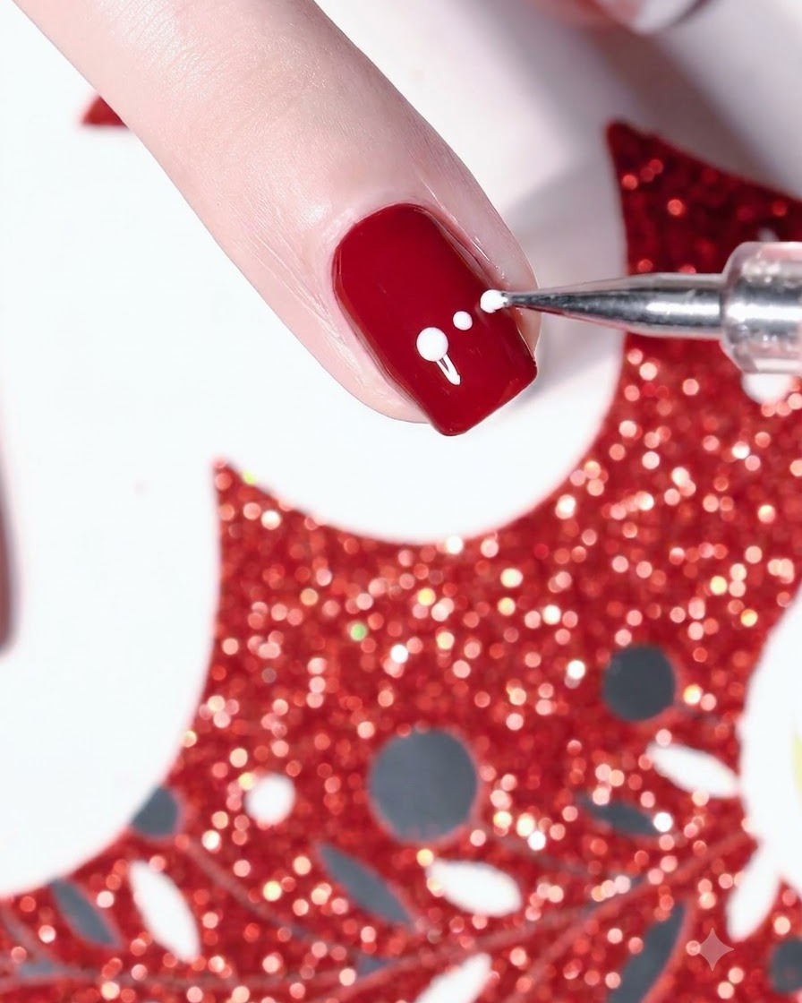 A detail brush applying a white shimmering heart design on the side of a red painted fingernail.