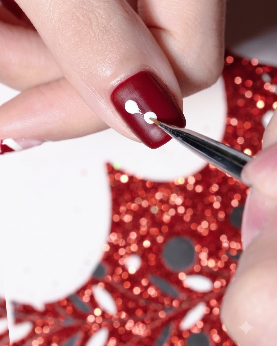 A detail brush creating a small white heart on the side of a red polished fingernail.
