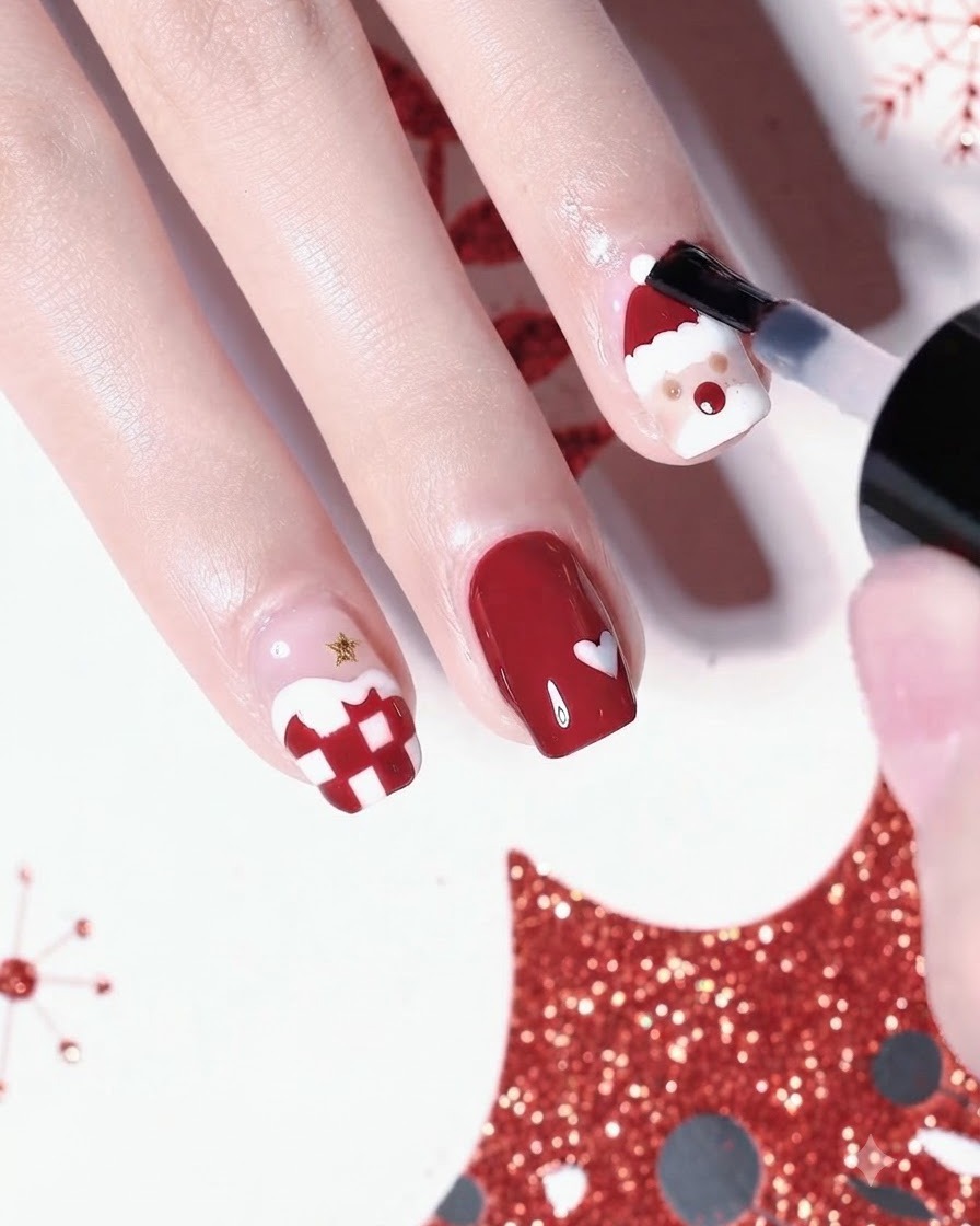 A brush applying a clear top coat over completed Christmas nail art designs on multiple fingers.