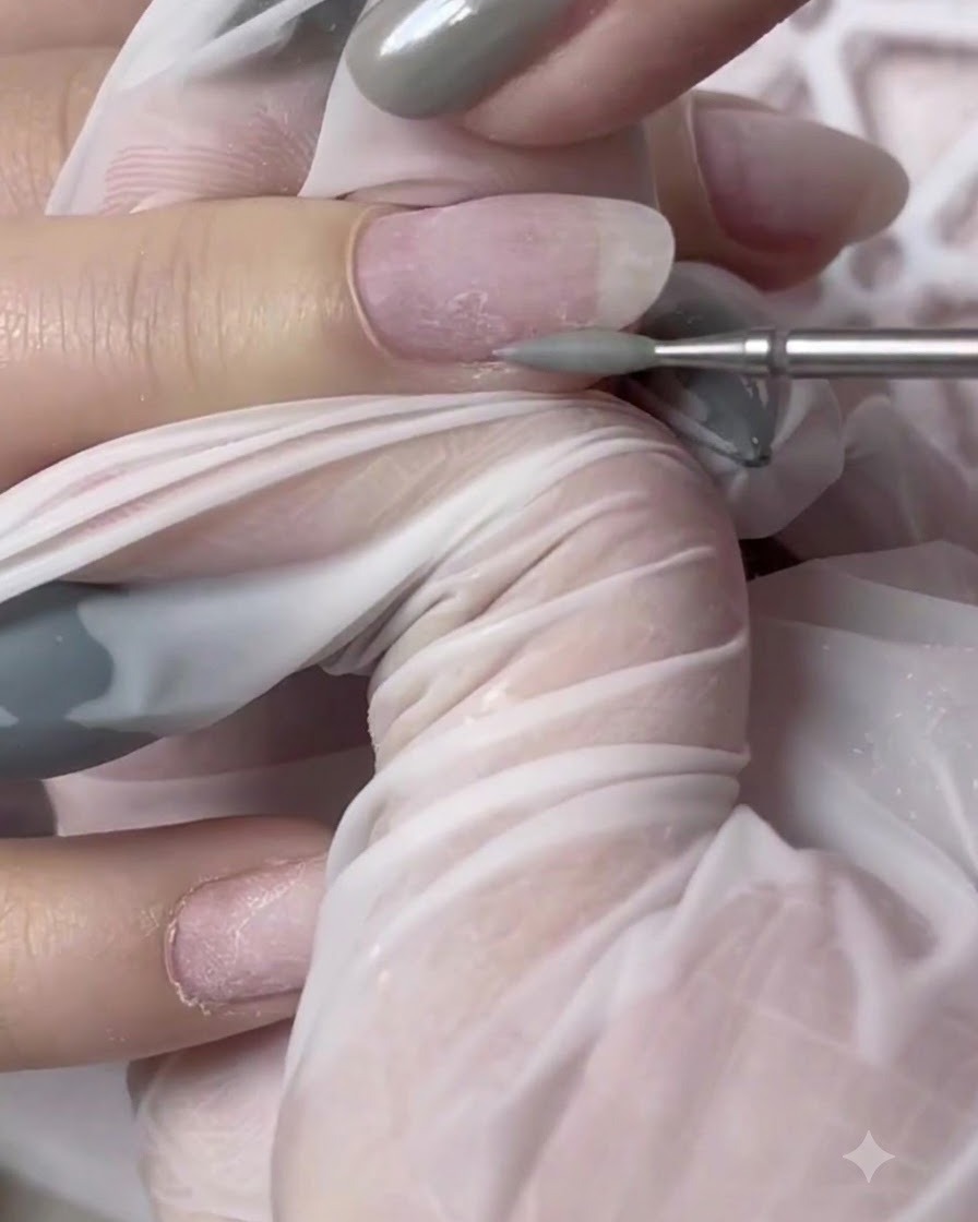 A soft dusting brush sweeping away nail dust from a prepped fingernail.
