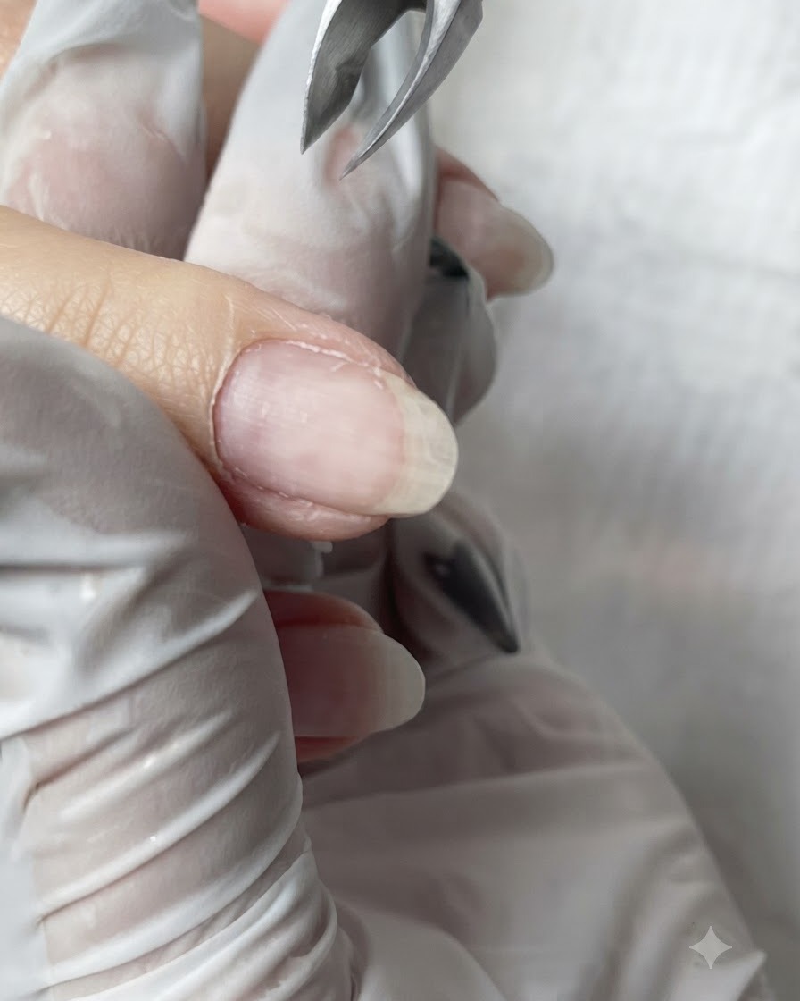 A pair of sharp metal cuticle nippers trimming excess dead skin around the nail fold.