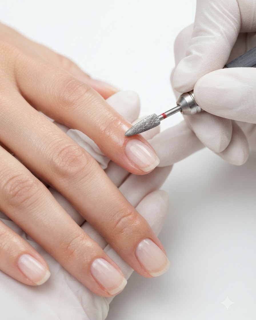 A close-up view of a fine-grit drill bit lightly refining the surface of a manicured fingernail.