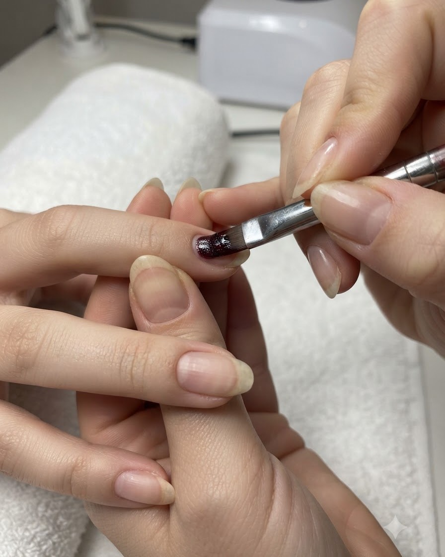 A close-up of a brush applying base coat gel to a fingernail using a wiping technique.