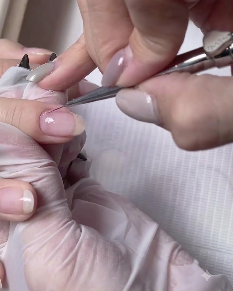 A fine brush applying clear building gel to a longer natural nail.