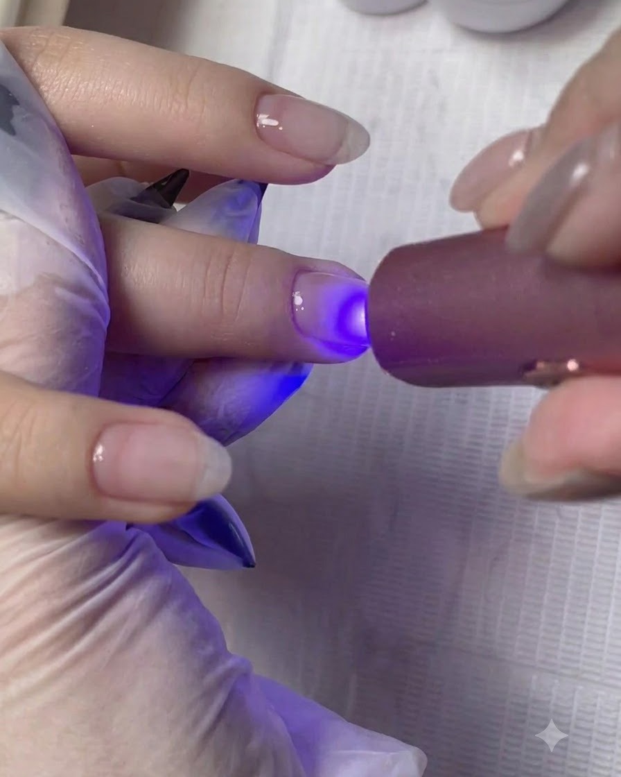 A handheld UV/LED lamp curing the building gel layer on the nail.