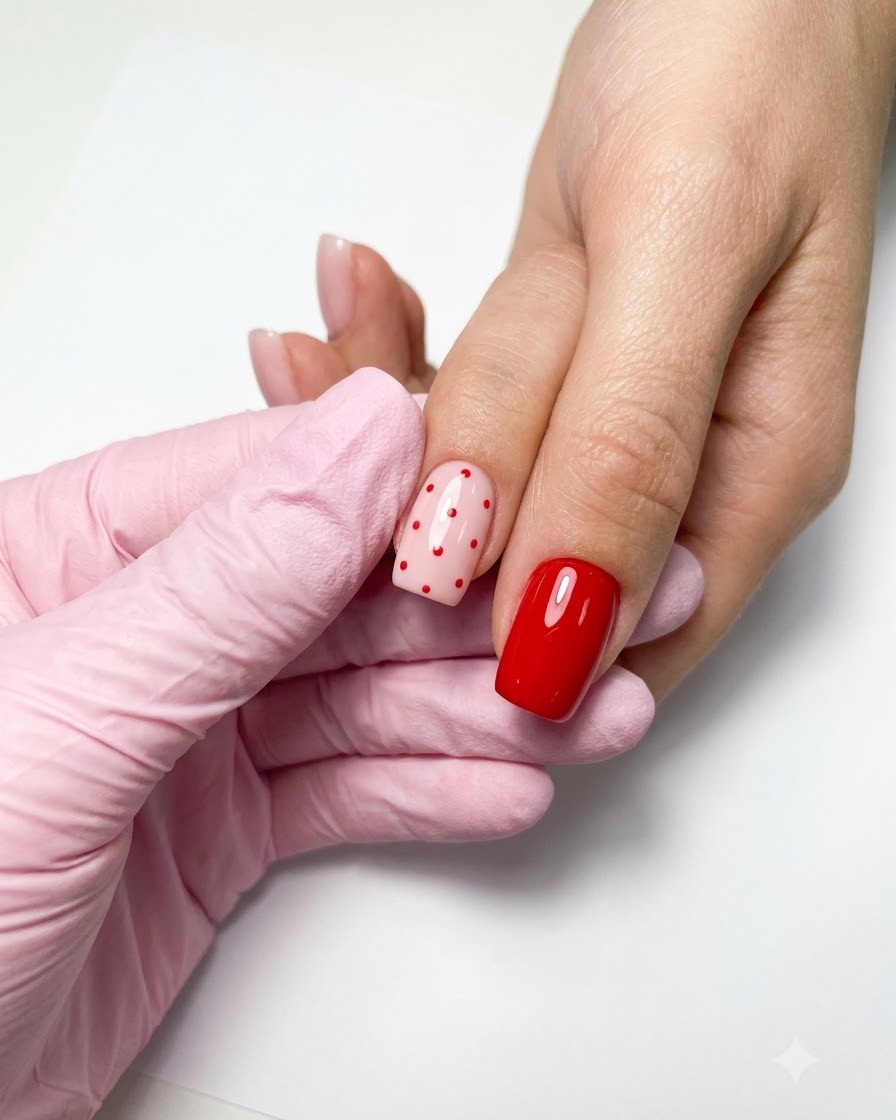 A manicurists hand holding a bright red-magenta gel polish bottle while painting a fingernail.