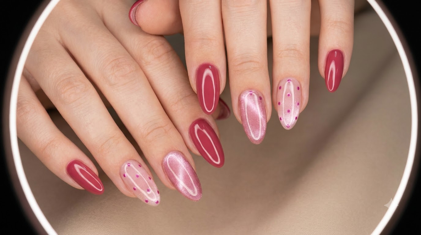 Rose Red Polka Dot and Cat Eye Nail Art — Step-by-Step Tutorial
