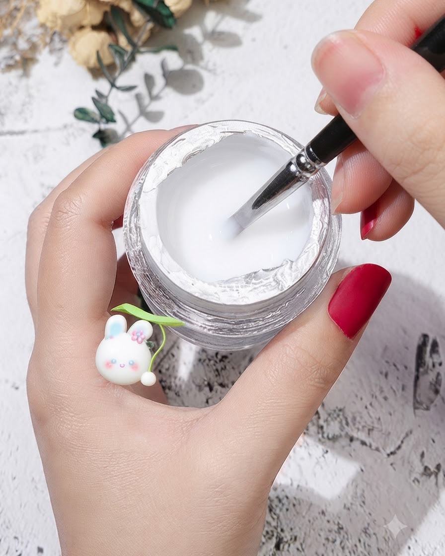 A brush scooping modeling gel from a jar.