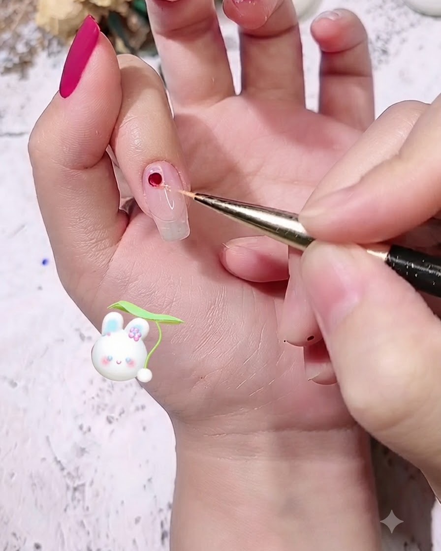 A fine detail brush placing a large dot sequin onto a wet gel nail surface.