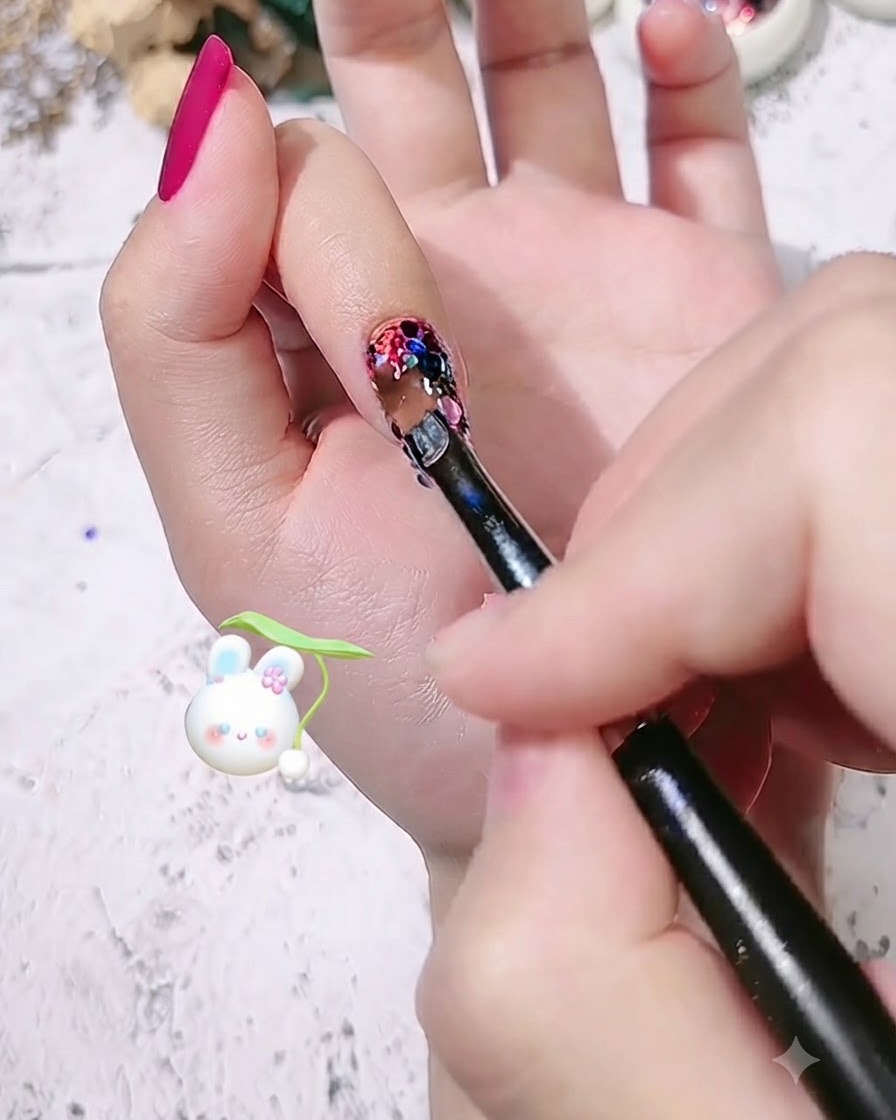 A cleansing wipe cleaning the sticky layer off the cured nail surface.