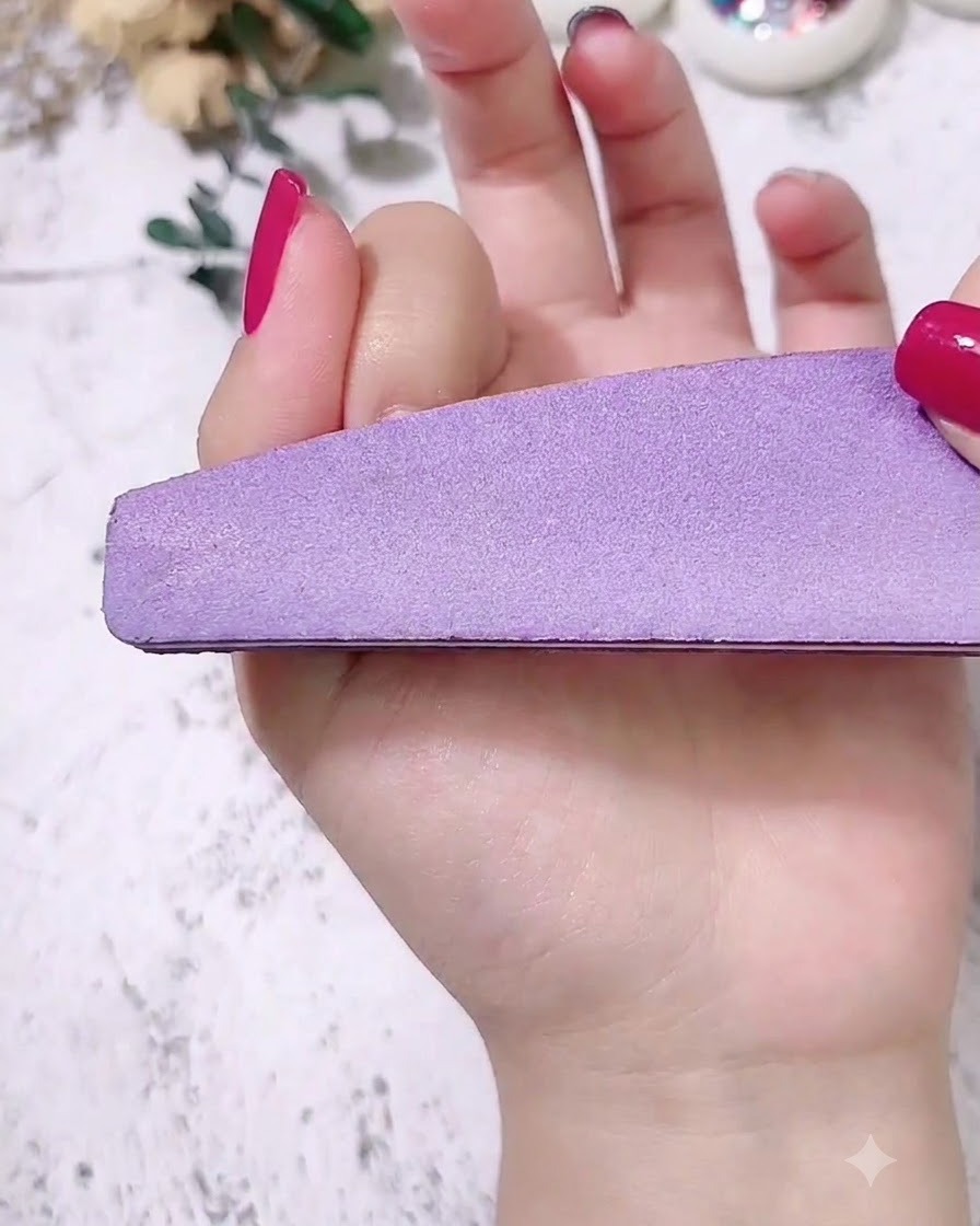 A purple nail buffer smoothing and leveling the surface of a manicured nail.