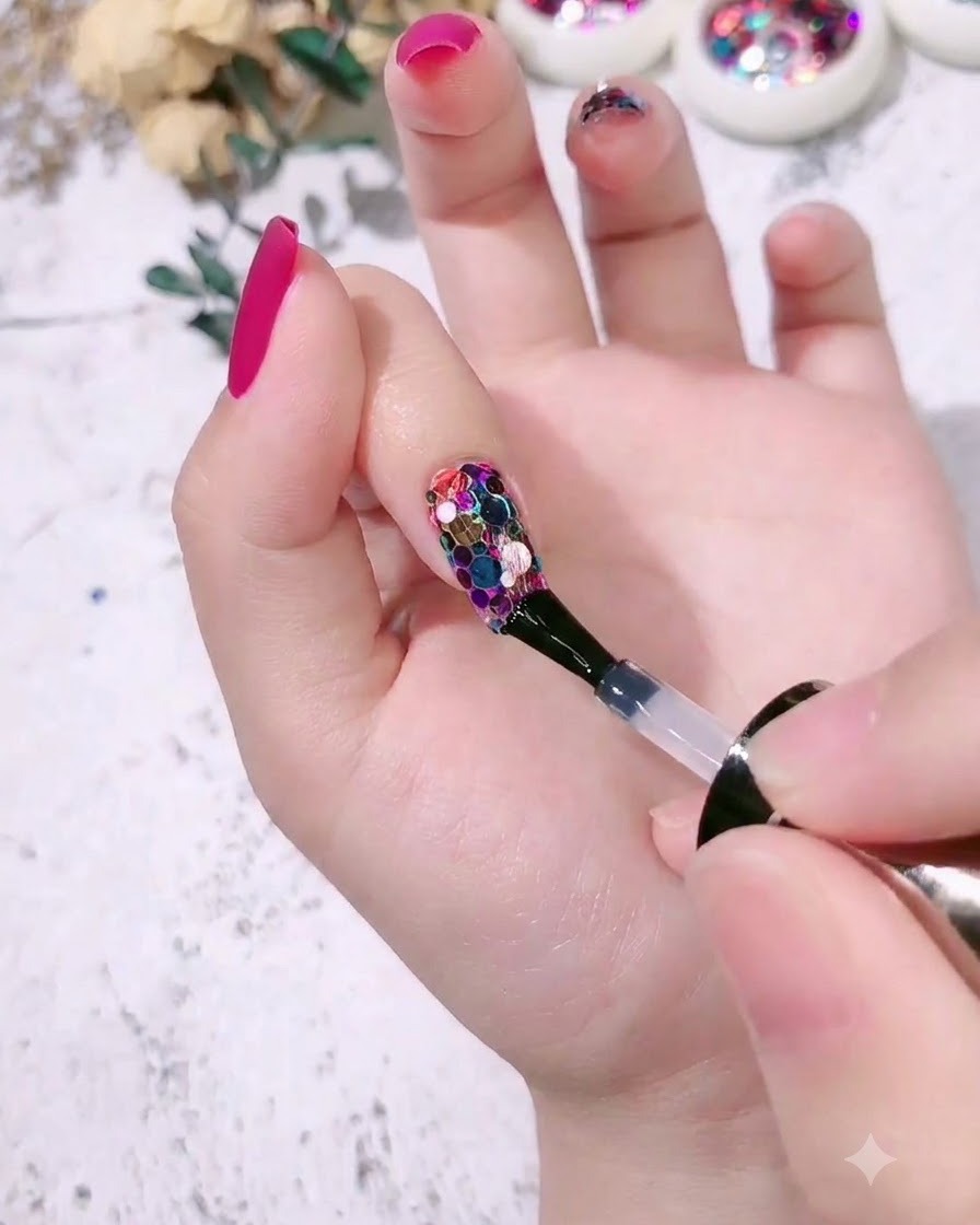 A brush applying a clear glossy top coat over an index finger decorated with colorful round nail sequins.