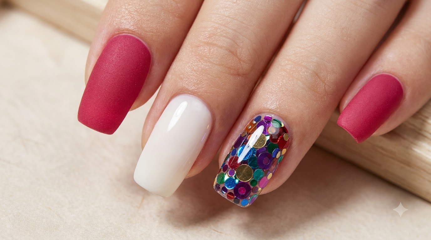 Rose Red and Sequin Accent Nail Art — Step-by-Step Tutorial