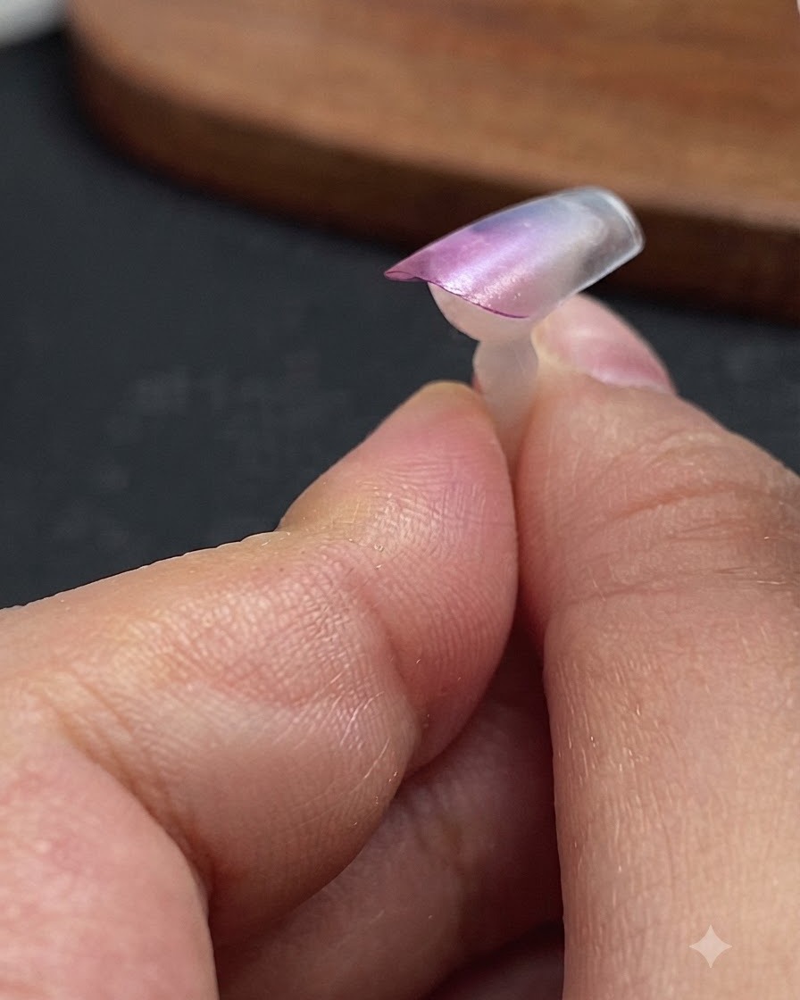 A clear nail extension tip showing a rose red gradient with dark blue glass patting gel applied to the sides of the tip.