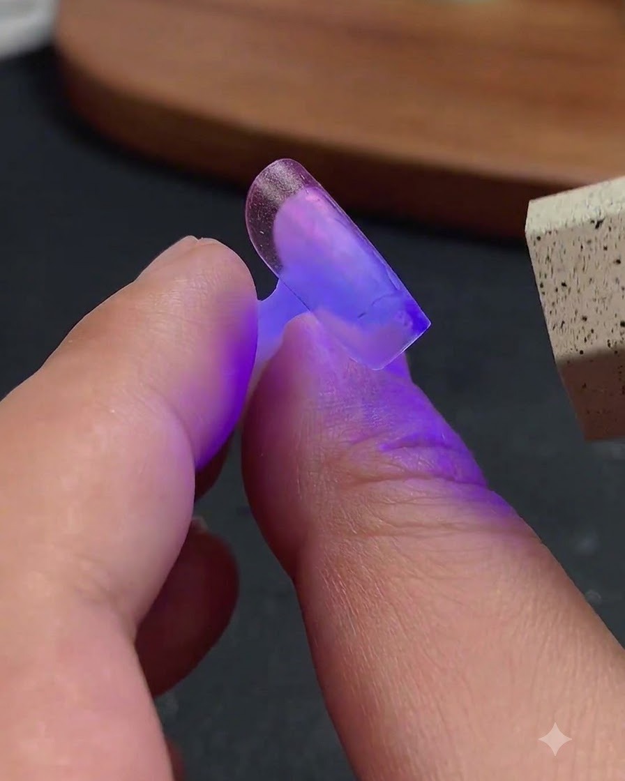 A mini UV/LED flashlight shining purple light onto a clear nail extension tip held between fingers.