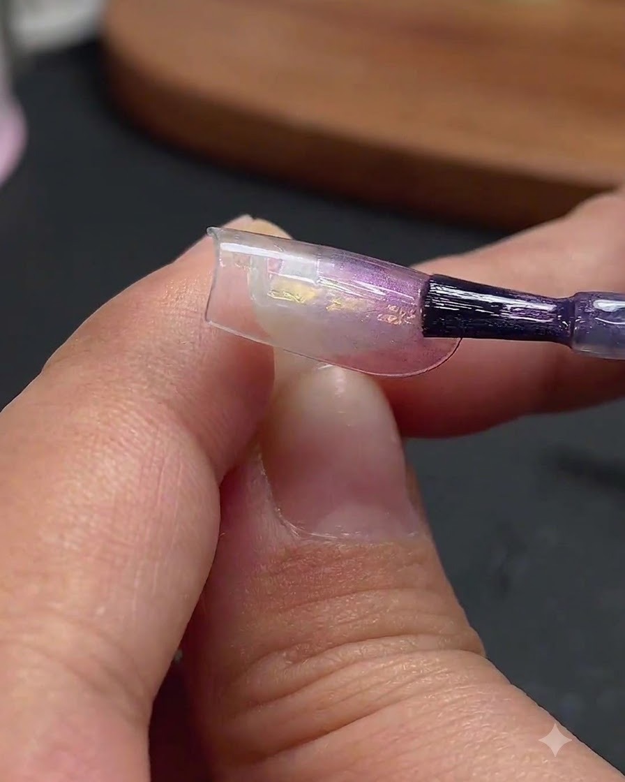 A nail brush applying colorless blue-light cat-eye gel to the middle portion of the decorated nail extension tip.