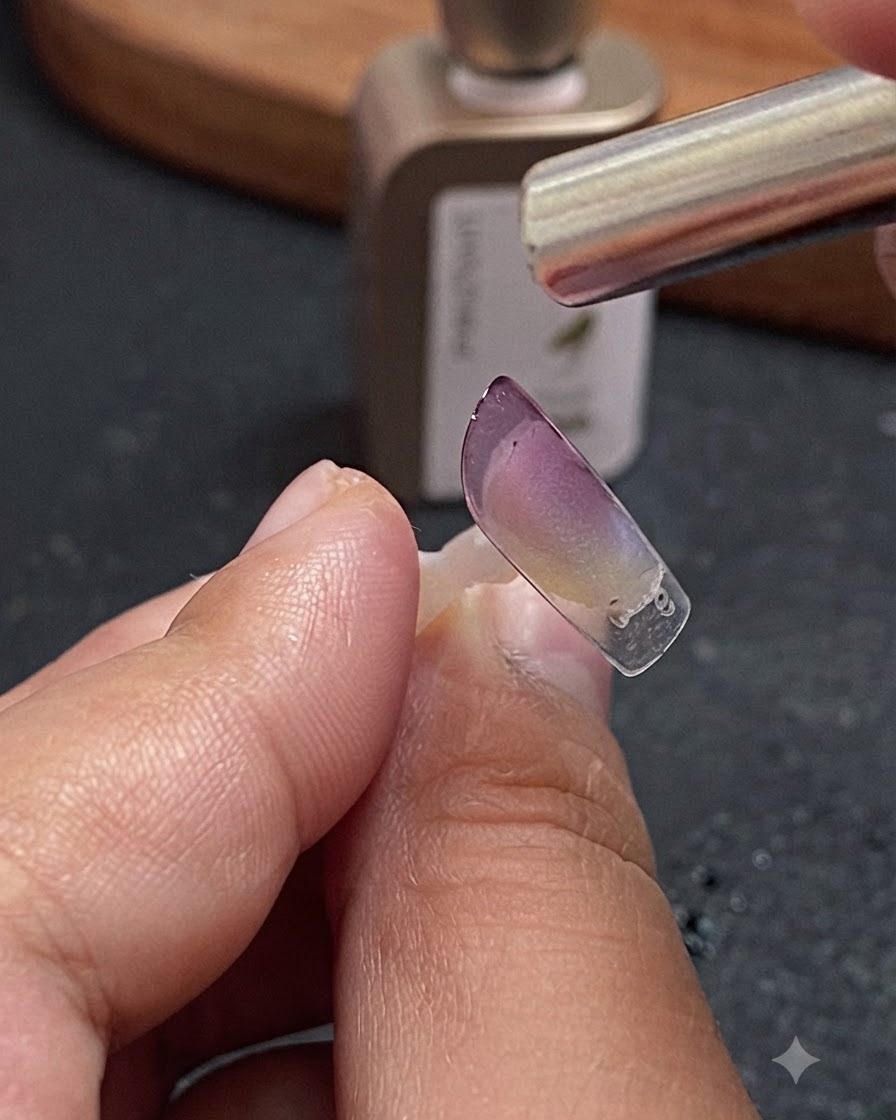 A magnetic tool held above a nail extension tip to concentrate the cat-eye gel particles into a central stripe.