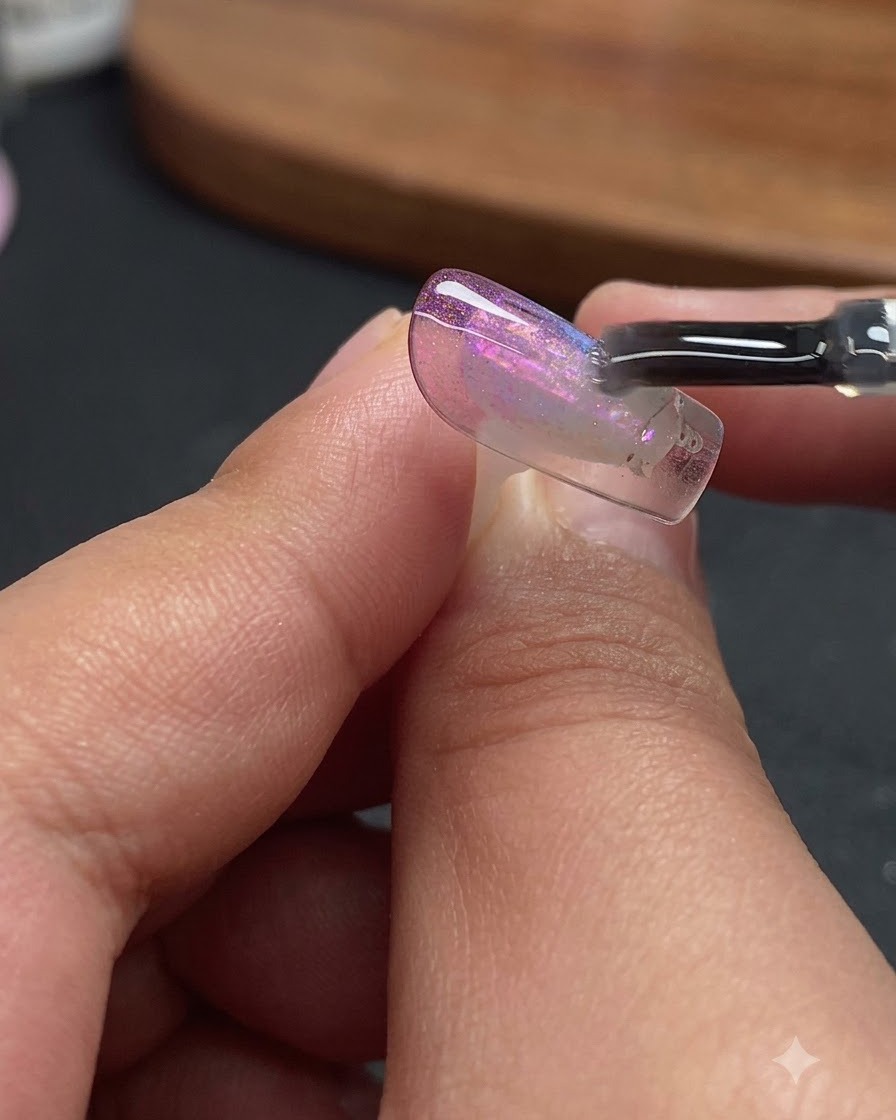 A nail brush applying a clear top coat over the detailed aurora and cat-eye nail design.