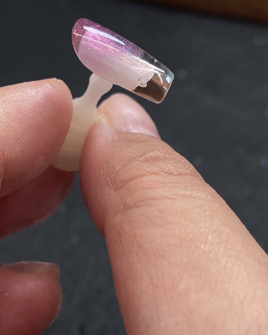 A close-up of a clear nail tip being coated with top coat on the reverse side.