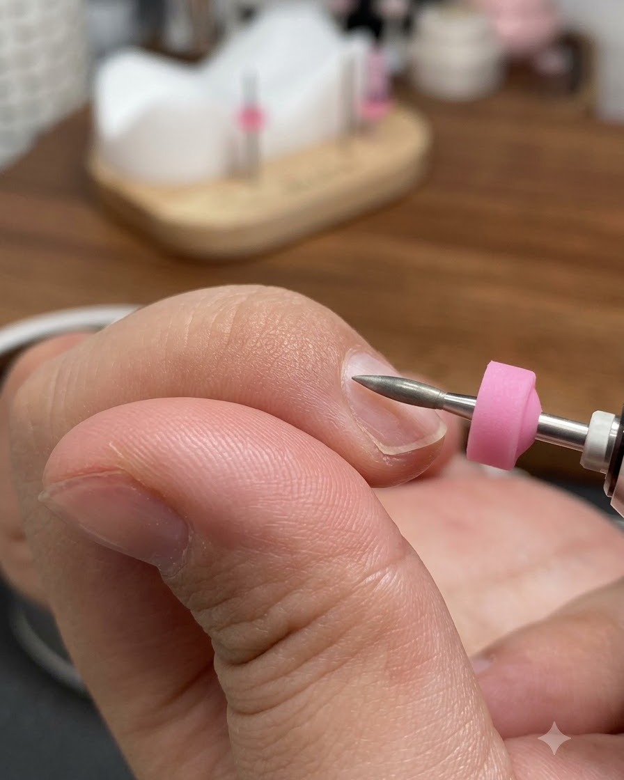 An electric nail file with a tapered bit working closely near the cuticle area of a natural finger.