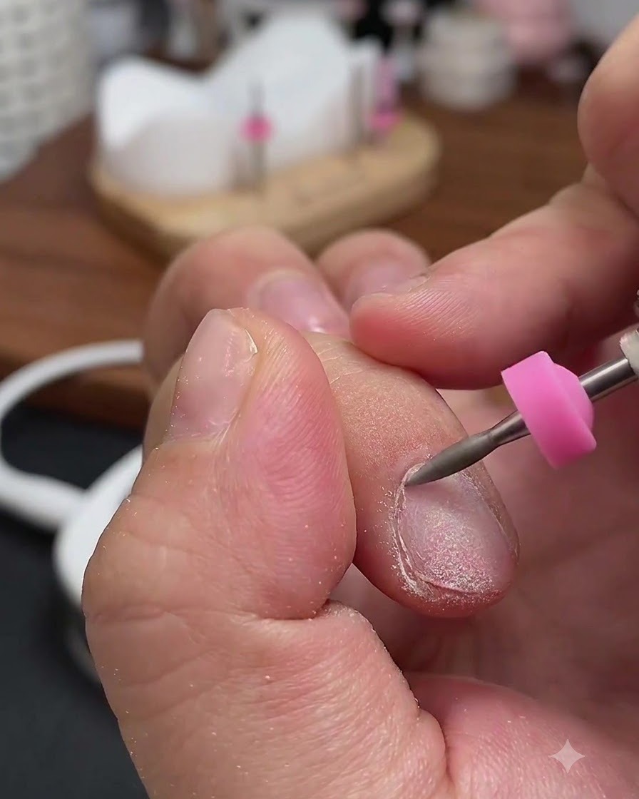 An electric nail file with a taper bit positioned along the right side of the cuticle pocket on a finger.