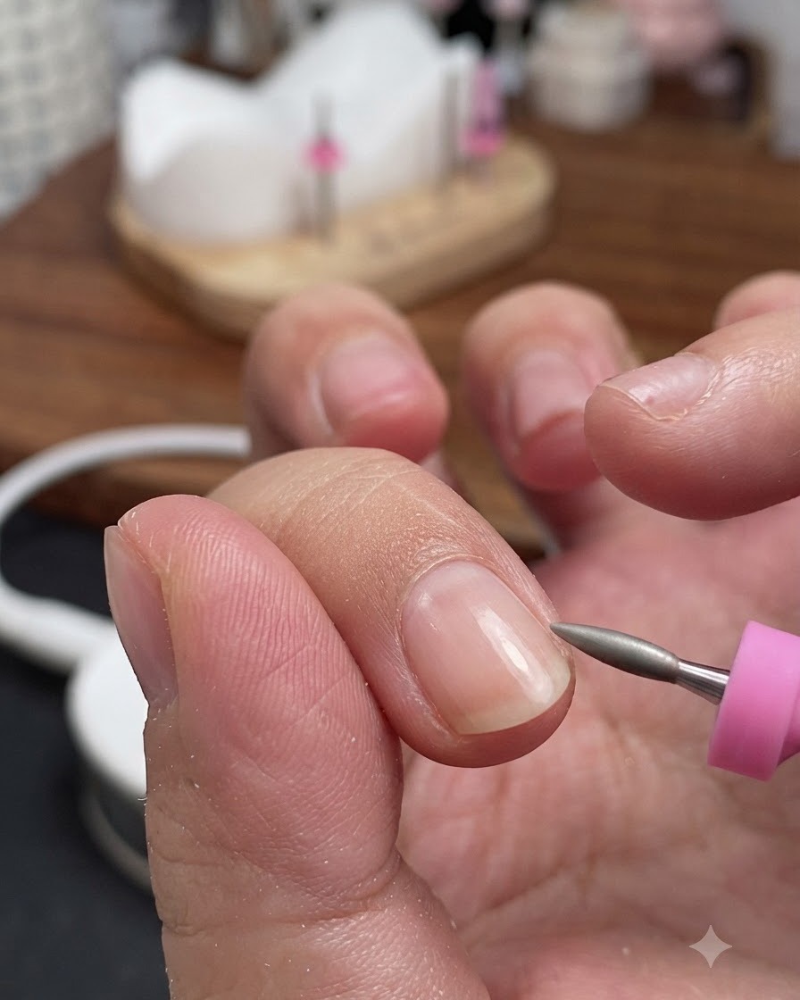 A close-up of cuticle nippers delicately trimming dead skin around the edge of the nail fold.
