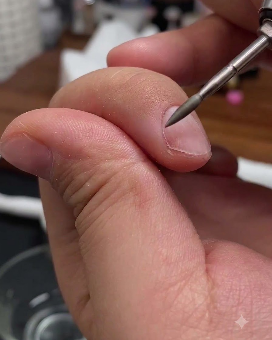 An electric file bit performing water-grinding refinement near the cuticle zone of a fingernail.